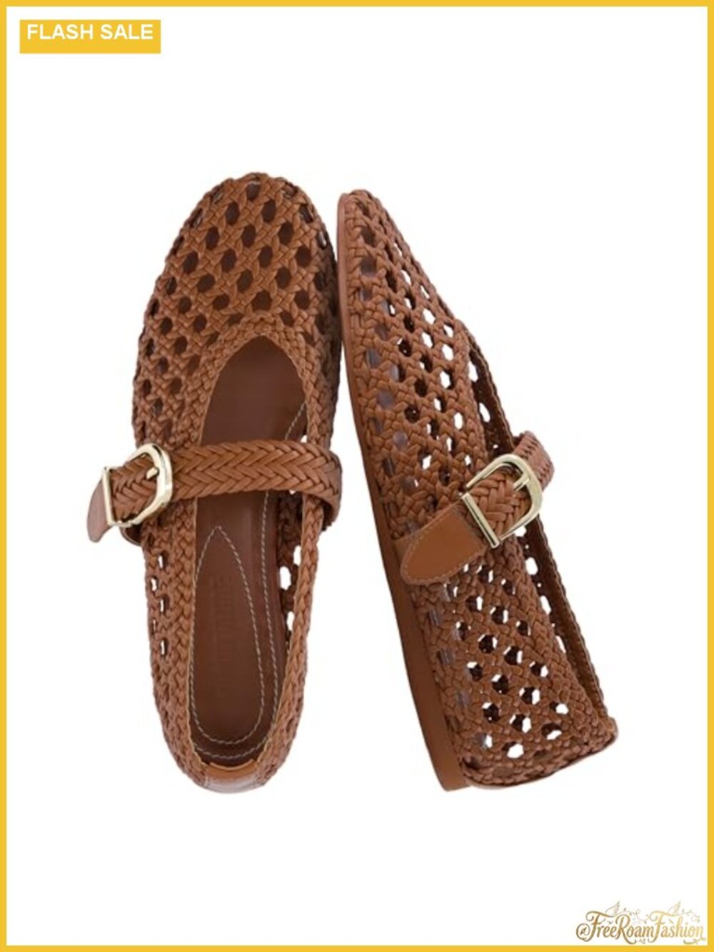 Womens Hand Woven Basketweave Mary Jane Ballet Flats with Gold Buckle & Memory